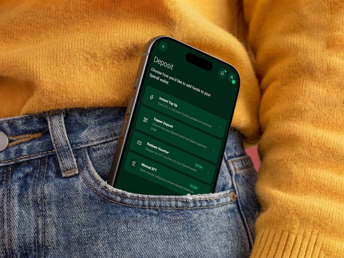Wallet deposit options on a mobile phone: instant top up, Zapper, voucher and EFT