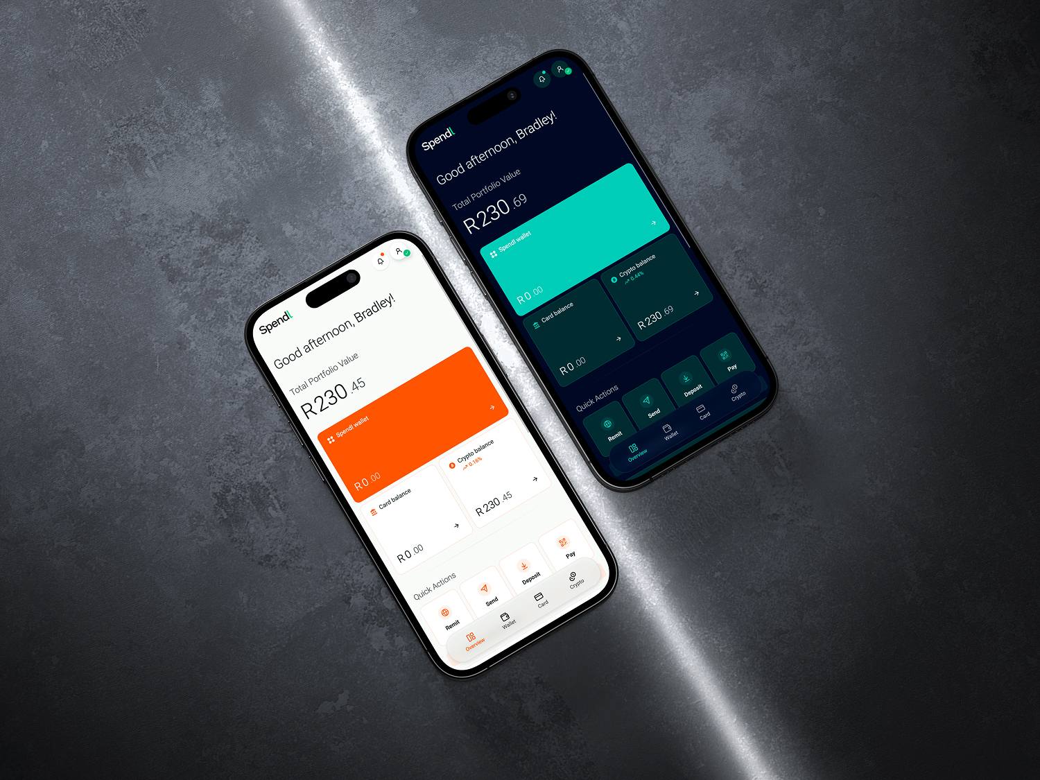 Two mobile phones showing differently branded versions of the Spendl wallet