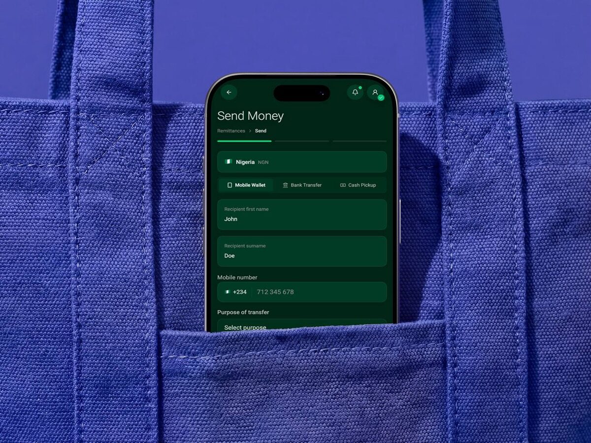 Spendl remittance flow on a mobile phone, sending to a mobile wallet in Nigeria